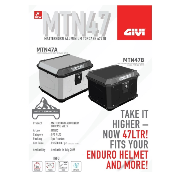 GIVI BOX MTN47 TREKKER MATTERHORN 47 LITER MONOLOCK ALUMINIUM TOP CASE BOX MTN47A / MTN47B [จานพื้นฐ