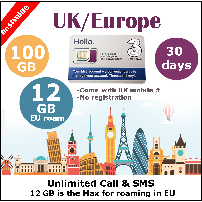 ยุโรปสหรัฐอเมริกา HK SG UK World THREE Travel Sim Card ข้อมูล 100GB + โทรไม่จํากัด SMS สําหรับ 30 วั