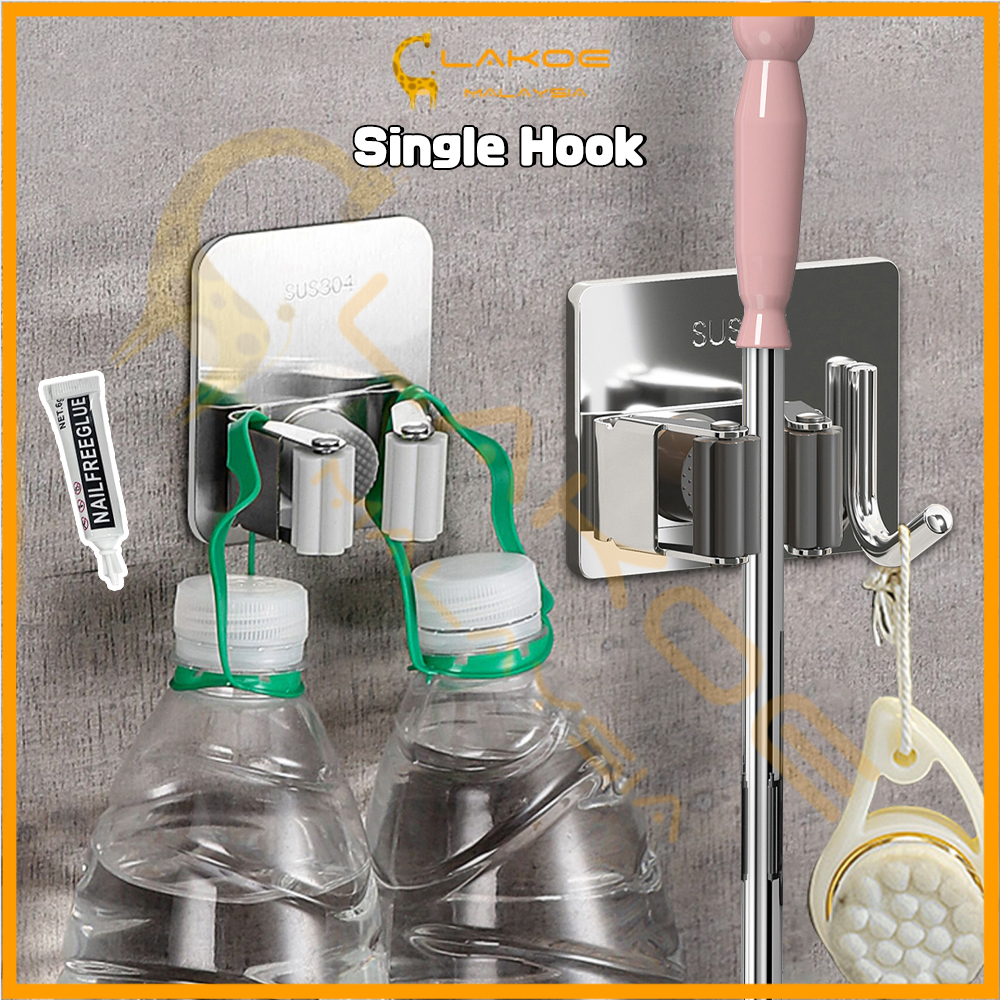 Lakoe Mop Holder 304 Stainless Steel Mop Hooks Space - saving Broom Hanger Wall Mount Mop & Broom Ho