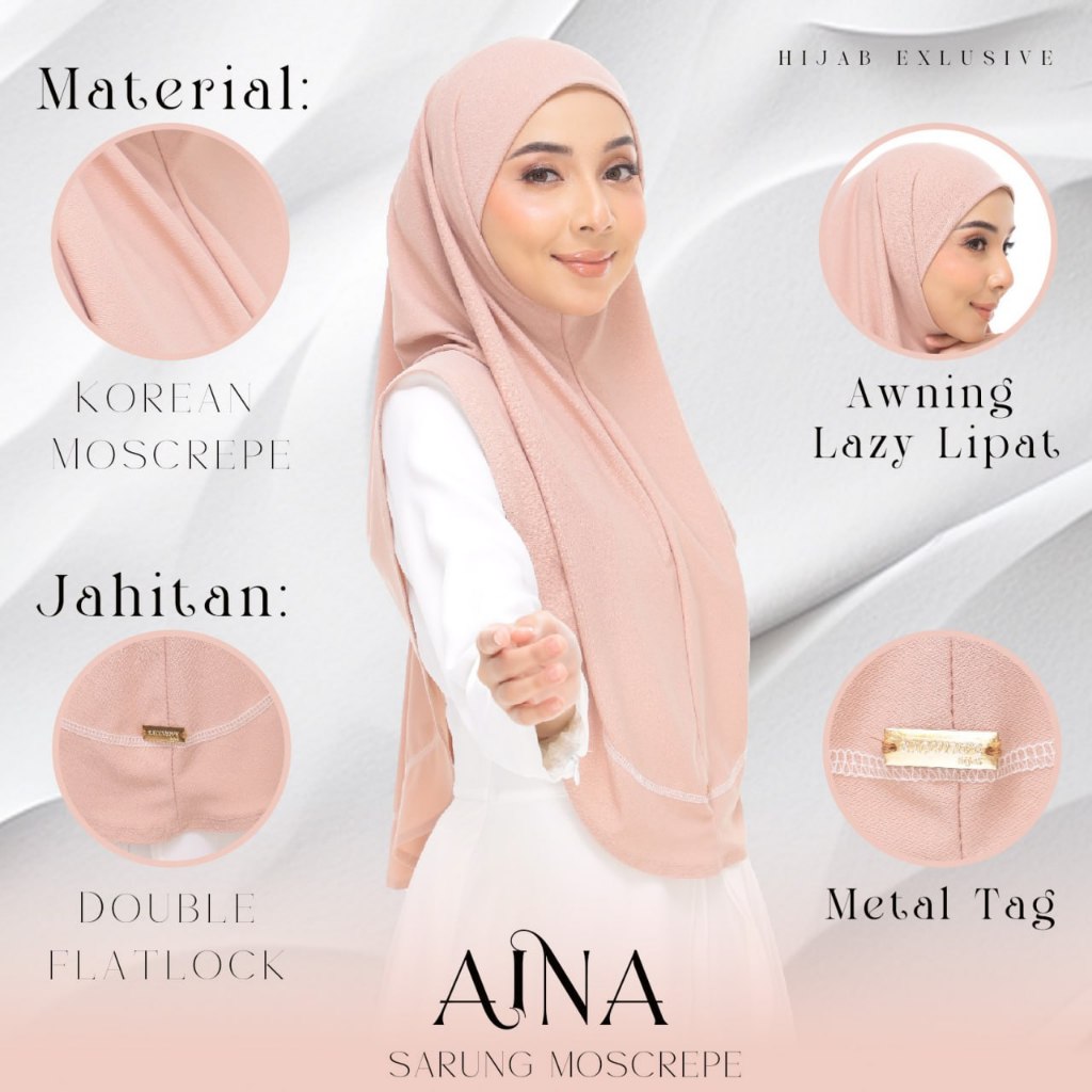 AINA Tudung Sarung Siap AINA Kain Moscrepe เกาหลีกันสาด Lazy Lipat Instant Hijab Double Flatlock & แ