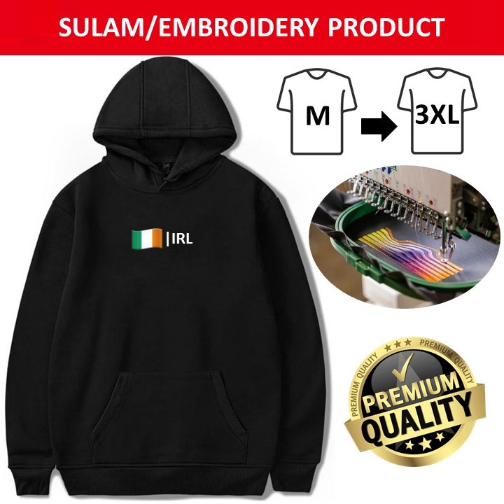 EMBROIDERY SULAM EMOJIS IRL IRELAND FLAG LOGO HOODIE SWEATSHIRT SWETER PULLOVER สีดํา