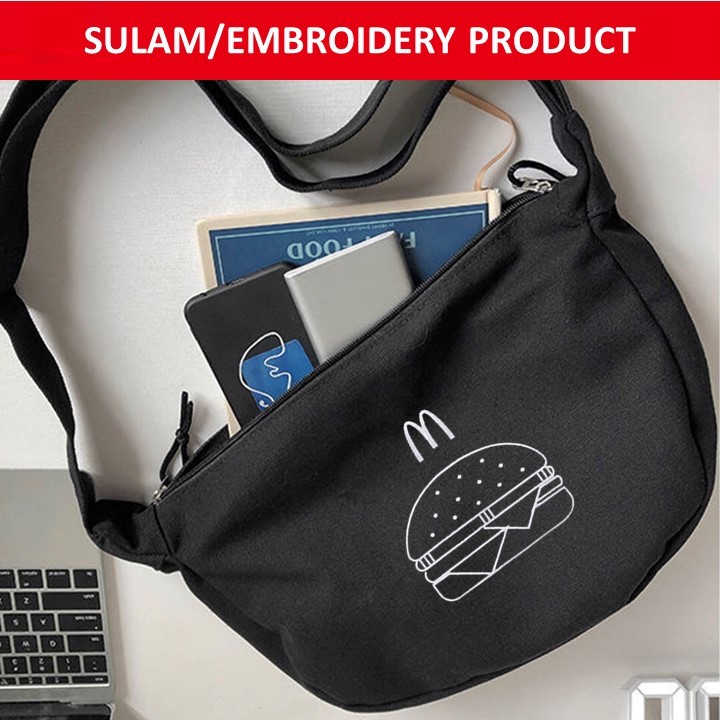 EMBROIDERY SULAM MCD MEKDI BURGER LOGO BLACK CANVAS ZIPPER CROSSBODY SHOULDER SLING BAG