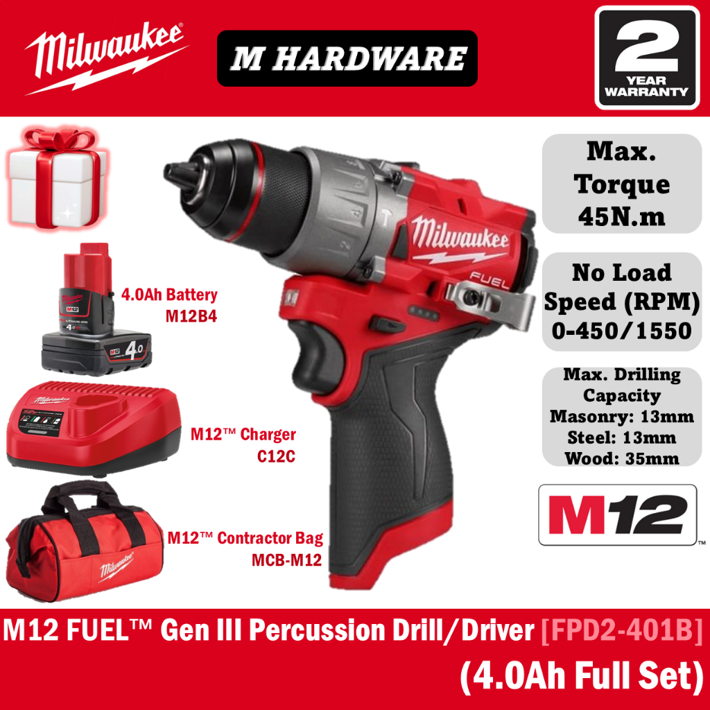 MILWAUKEE M12 FPD2 สว่านกระแทก / FPD2-602X M12 FUELTM Gen III 13mm สว่านเพอร์คัชชัน/ไดร์เวอร์