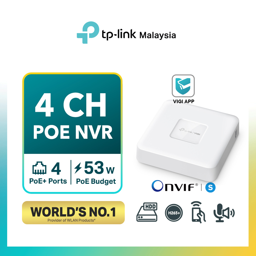 TP‐Link VIGI NVR1104H‐4P 4 Channel POE+ NVR 4K HDMI, H.265+, ONVIF, HDD สูงสุด 10TB, แอพระยะไกล, ลํา