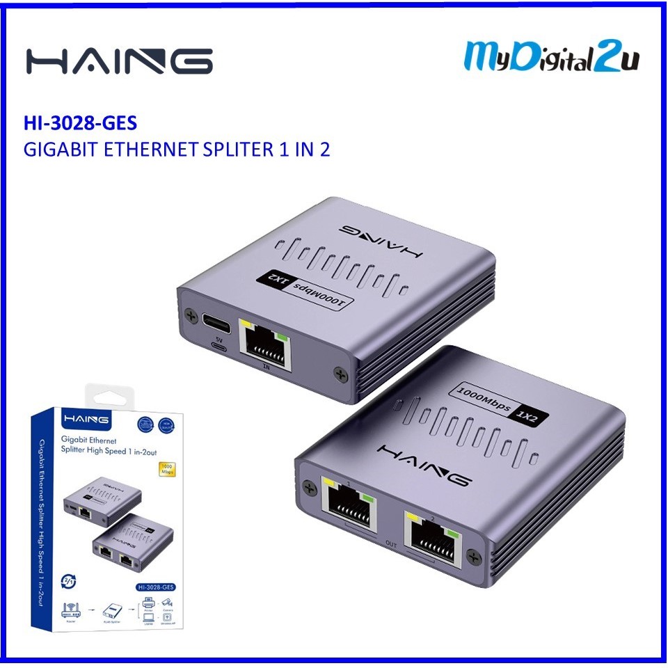 HAING HI-3028-GES 1000Mbps RJ45 Gigabit Ethernet Splitter 1 IN 2 OUT อะแดปเตอร์สําหรับ PC TV Box Rou