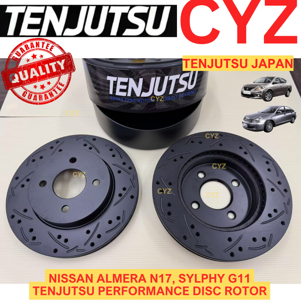 (1 PAIR) Tenjutsu Japan NISSAN ALMERA N17 12Y, SYLPHY G11 12Y Front Sport Disc Rotor Slotted เจาะจาก