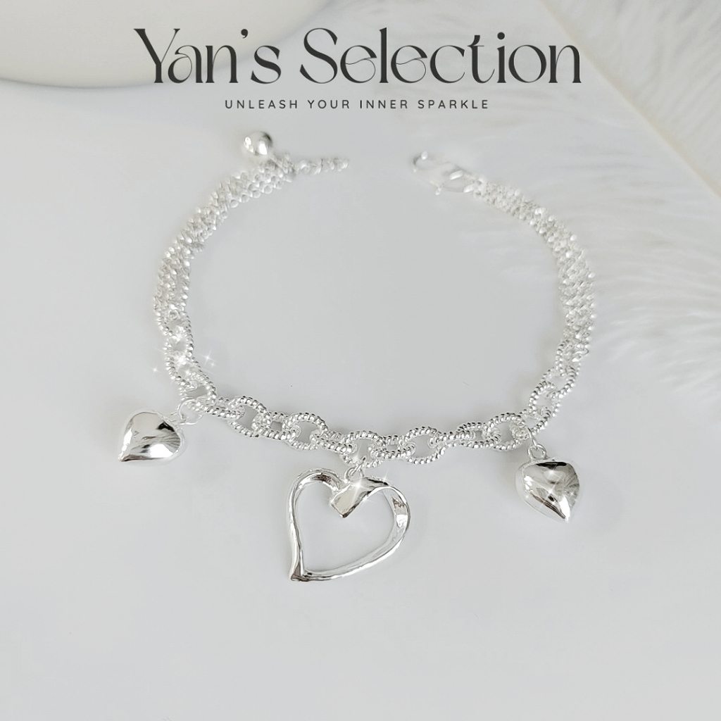 YANS 925 Pure Silver Sparkling Heart Charm Bracelet** Gelang Tangan Perak** เงิน 925 สร้อยข้อมือ
