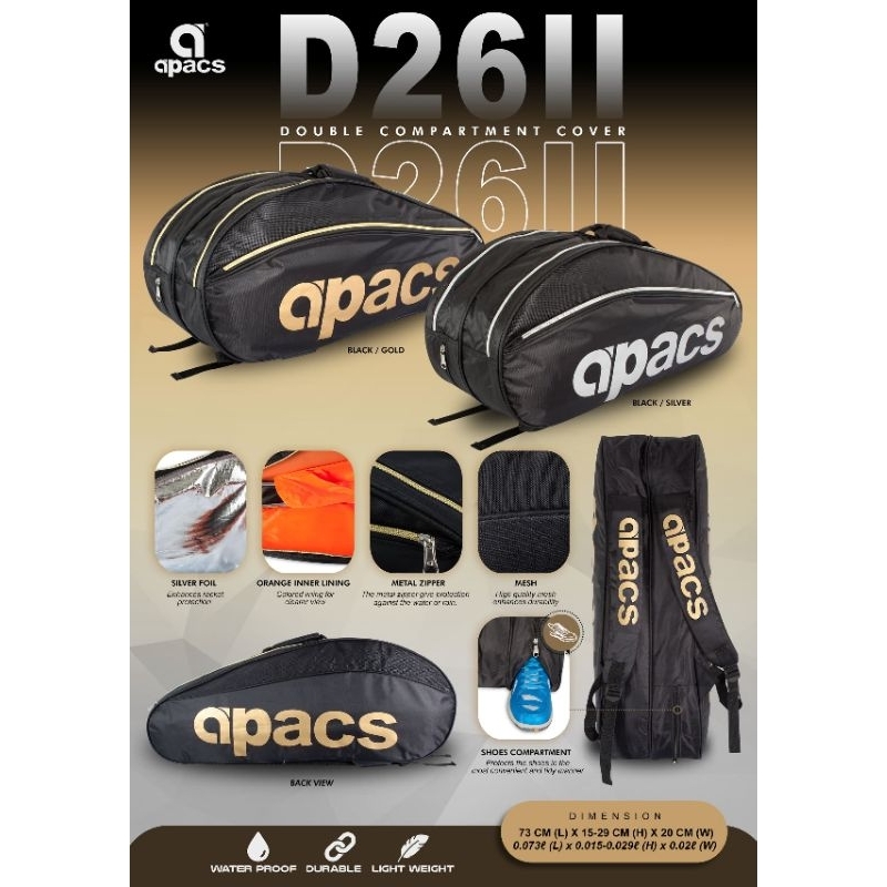 APACS BADMINTON BAG 2 COMPARTMENT BACKPACK D2611