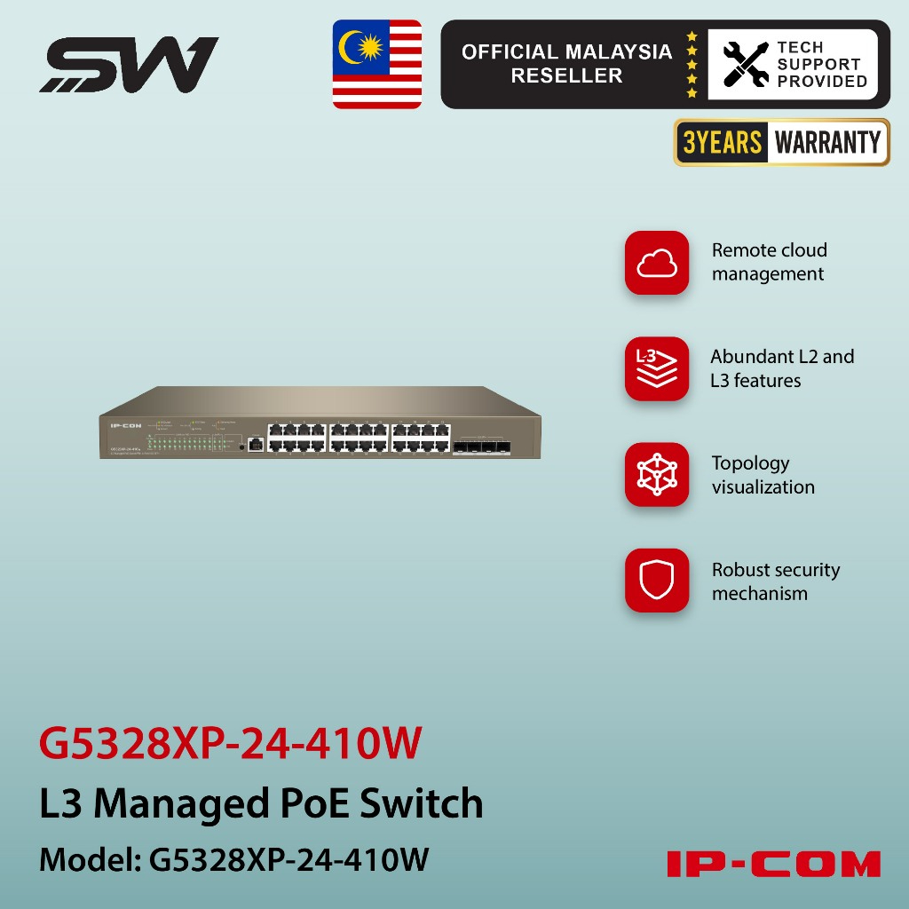 IP-COM G5328XP-24-410W L3 Managed PoE Switch พร้อม 4 พอร์ต 10G SFP+