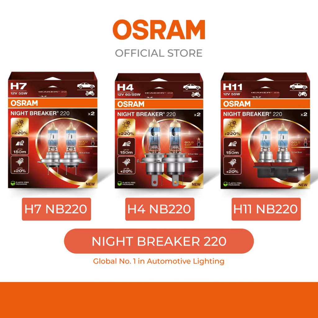 OSRAM Night Breaker 220 (ความสว่าง + 220%) หลอดฮาโลเจน 1 ชุด H4, H7, H11 Osram Official