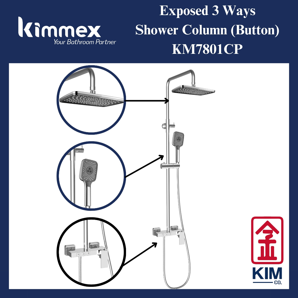 Kimmex 3 Ways ชุดคอลัมน์อาบน้ํา (ปุ่ม) (KM7801CP) ชุดฝักบัวในห้องน้ํา Kepaala Paip Panas Sejuk