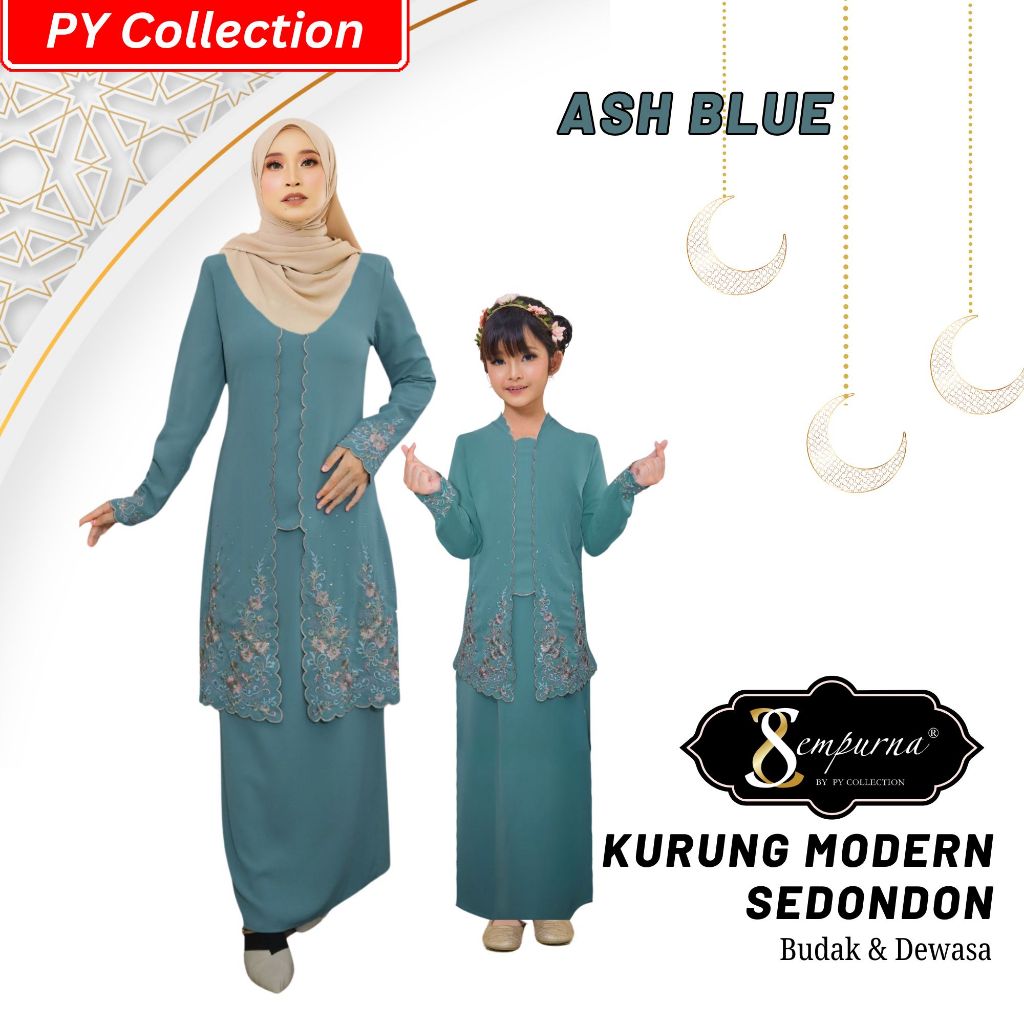 EID CLOTHES COLLECTION 2025 เสื้อผ้าที่เดินทางมาใน ASH BLUE สําหรับผู้ใหญ่ & CHILDREN PAIR - จับคู่ผ