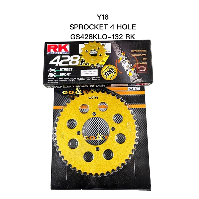 YAMAHA Y16 4 หลุมชุด GS428KLO-132 RK ORING GOLD SPROCKET 14T 15T 42-47 Y16 SPROCKET 1 ชุด GONGO GOLD