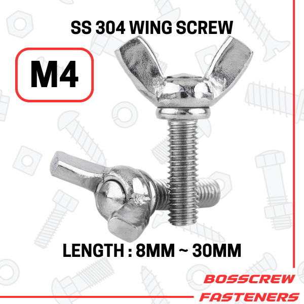 SS 304 Wing Screw m4 x (8mm ~ 30mm) (Pitch 0.7mm) (Cories Thread/Benang Kasar) (Butterfly Bolt)