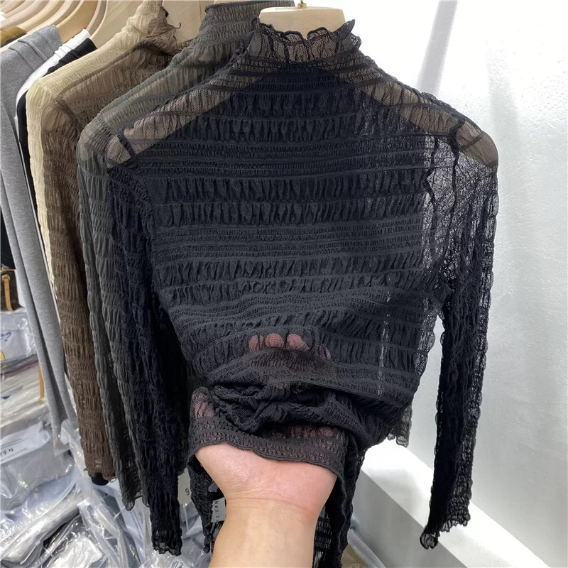 BKD_South เสื้อเบลาส์ก้นคอเต่าลูกไม้เวอร์ชั่นเกาหลีพร้อมเสื้อยืดแขนยาวสีทึบใหม่