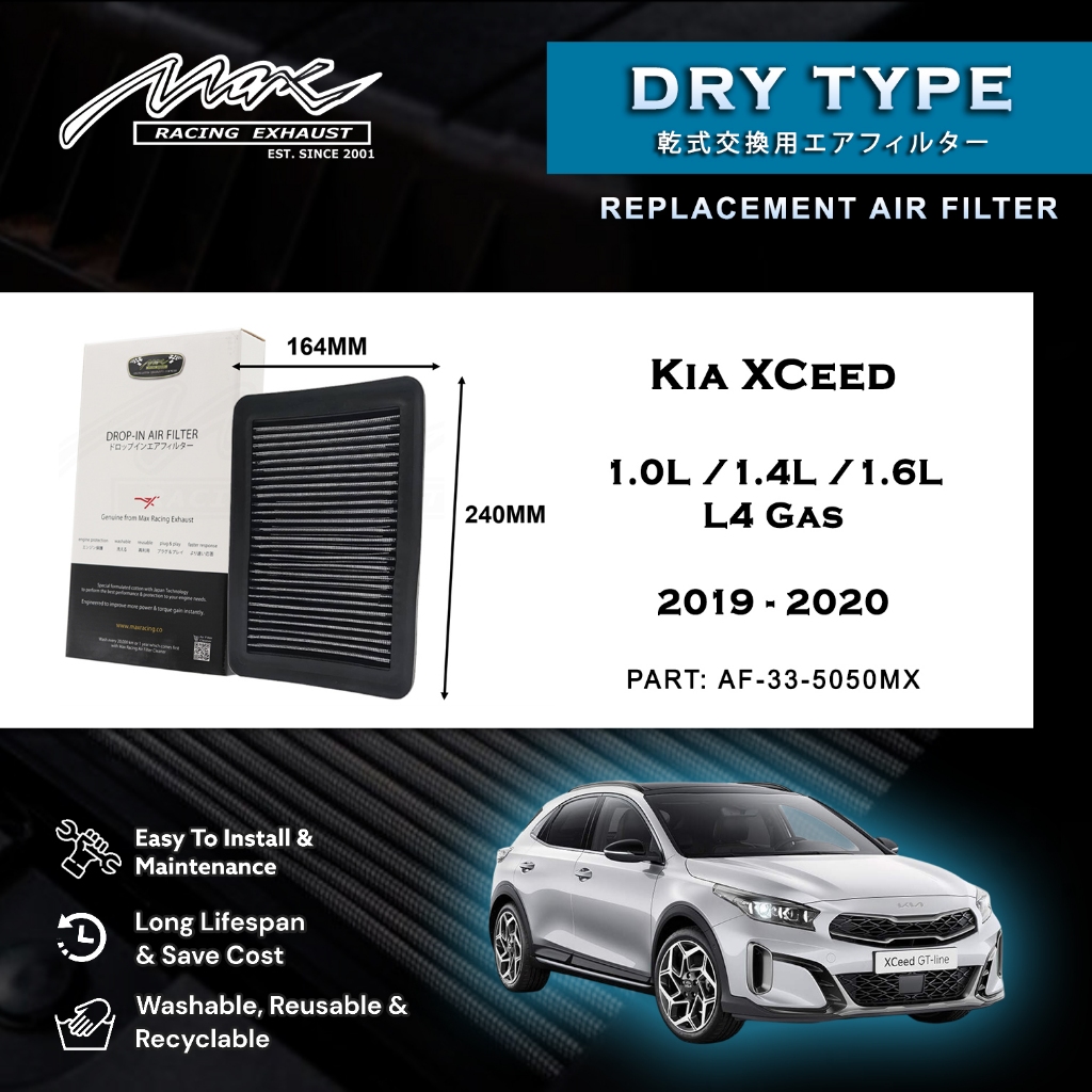 Kia XCeed 1.0 L / 1.4L / 1.6L L4 แก๊ส 2019 ถึง 2020 33-5050MX Max Racing Exhaust Performance Drop-in