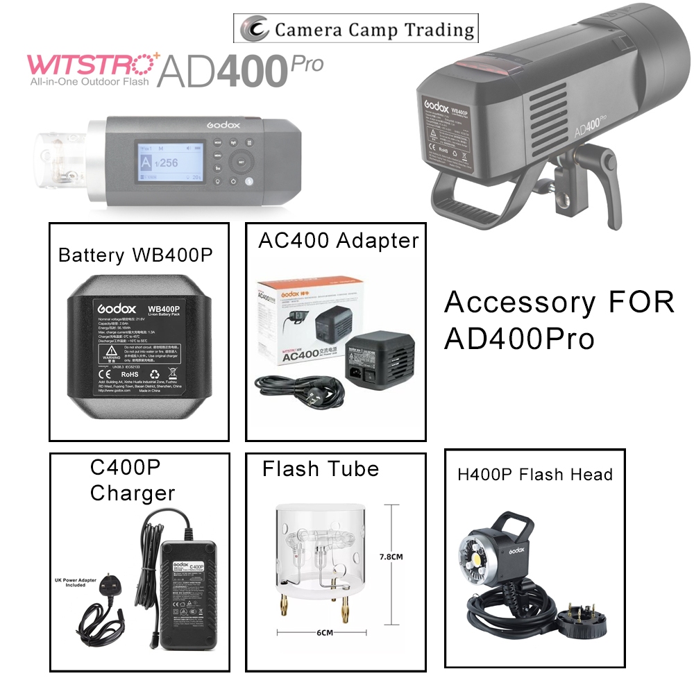 อุปกรณ์เสริม Godox AD400Pro /WB400P แบตเตอรี่ / หลอดแฟลช / เครื่องชาร์จ (C400P) / หัวแฟลช H400P / อะ