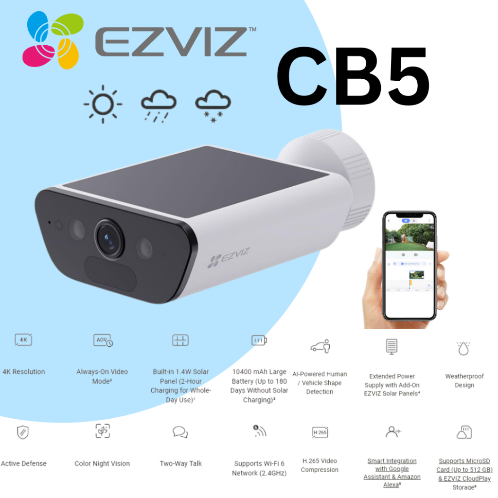 HIKVISION กล้องวงจรปิด EZVIZ (ยี่ห้อ Global Top) CB5 กล้อง Wifi ไร้สายอัจฉริยะ 4K 8MP Home Solar Bat