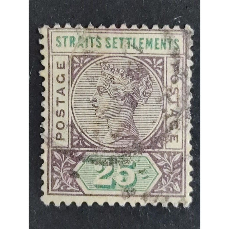 Straits Settlements 1892-99 Queen Victoria Wmk Crown CA 25c - 1 ชิ้น Used Old Malaya Stamp / Setem