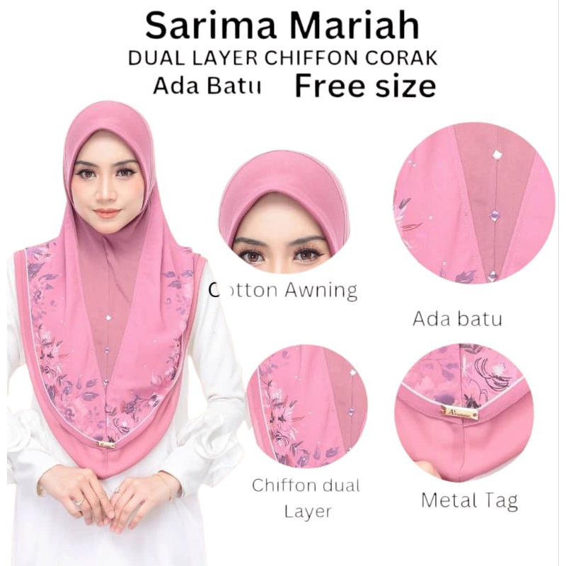 Tudung Sarung Sarima พิมพ์ชีฟองสองชั้นฟรีไซส์ Ada Batu