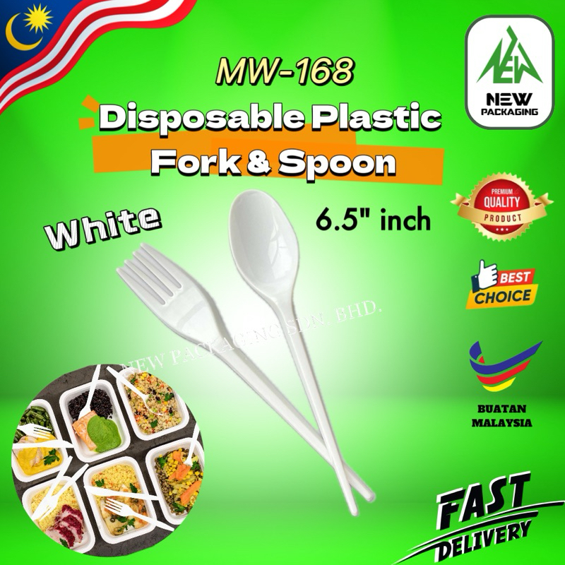 MW-168 ส้อมและช้อนพลาสติก 6.5 สีขาว [50 ชิ้น] – Sudu Garpu Pai Buang / Alat Mekan Plastik
