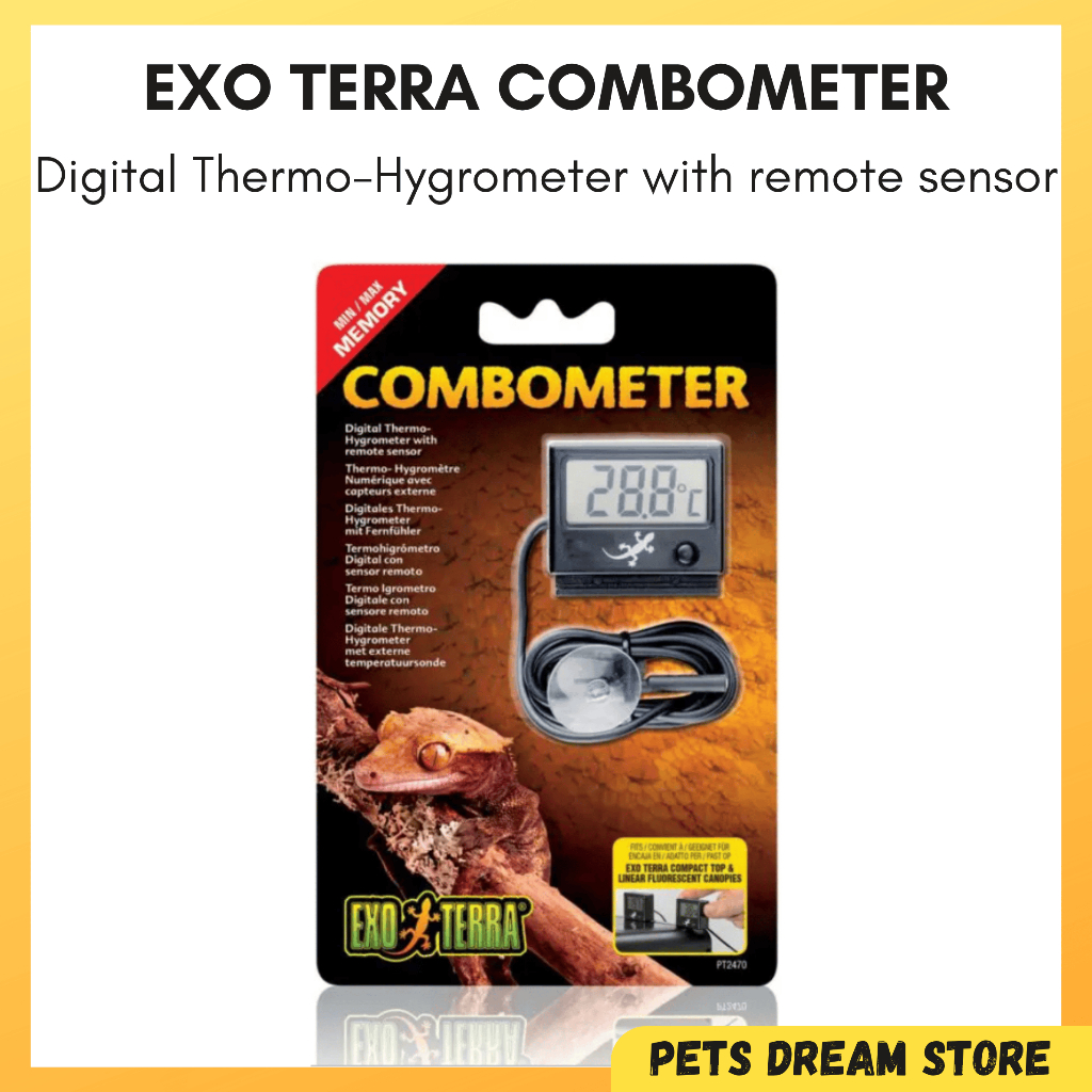 Exo Terra Combometer เครื่องวัดอุณหภูมิและไฮโกรมิเตอร์รวมเครื่องอ่านอุณหภูมิความชื้นพร้อมเซนเซอร์วัดสัตว์เลื้อยคลาน