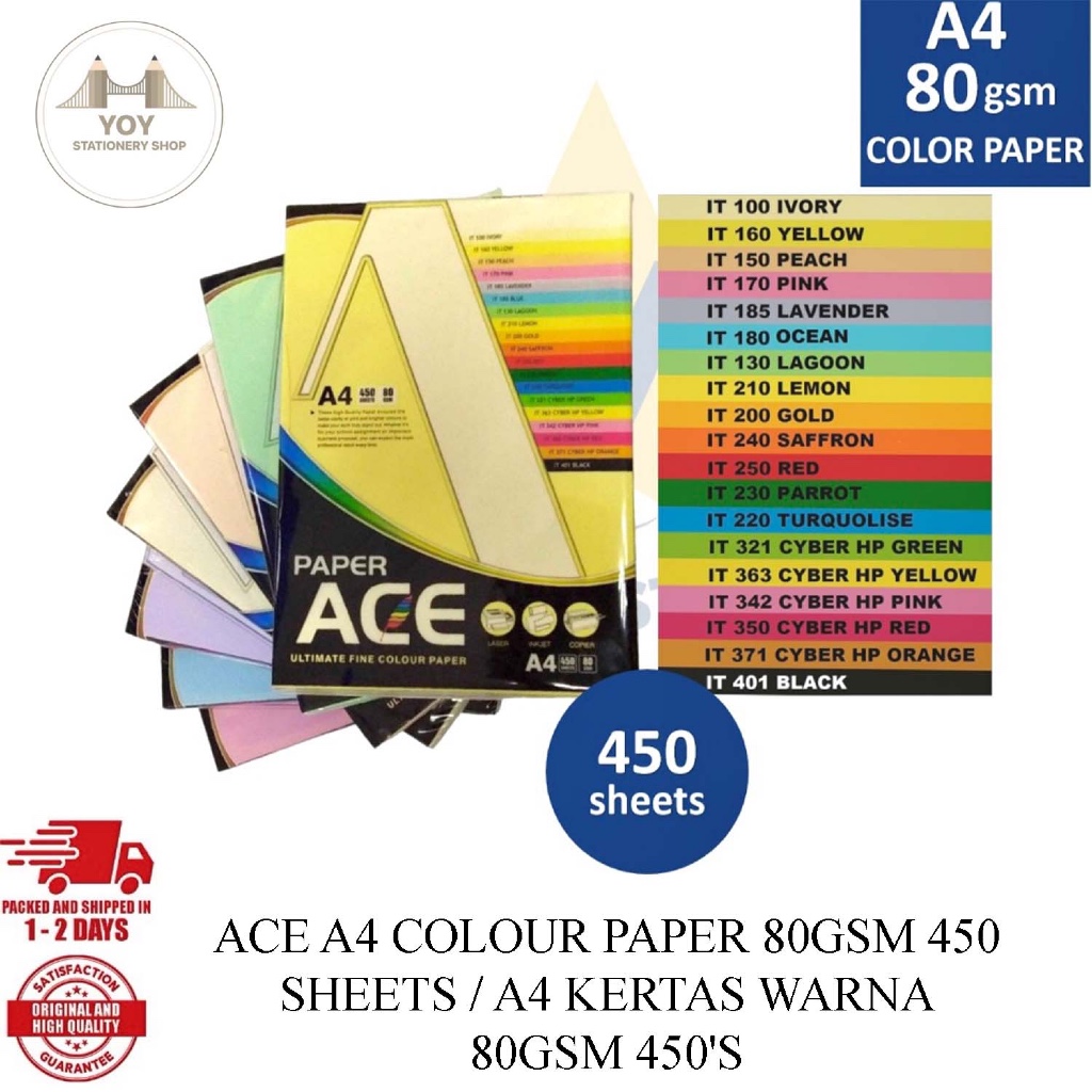 ACE A4 COLOUR PAPER 80GSM 450 แผ่น / A4 KERTAS WARNA 80GSM 450S