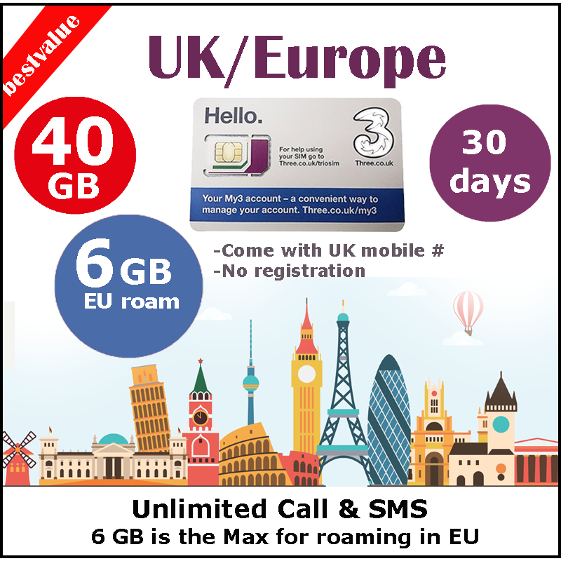 ยุโรป HK SG UK World THREE Travel Sim Card ข้อมูล 40 GB + โทรไม่จํากัด SMS นาน 30 วัน