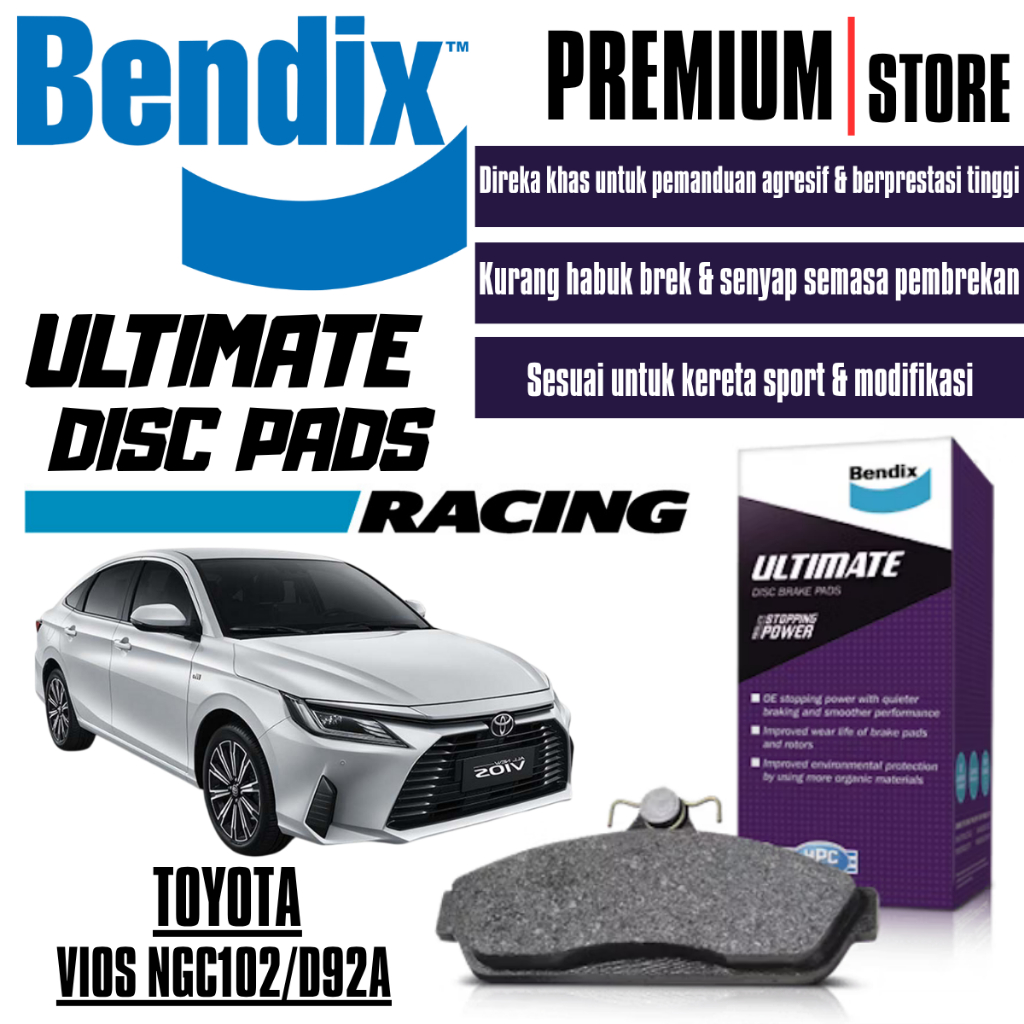 Bendix Ultimate+ ชุดหน้าและแผ่นหลัง - Toyota Vios AC100 / NGC102 2022 DB1830 ULT+ DB2529 ULT+