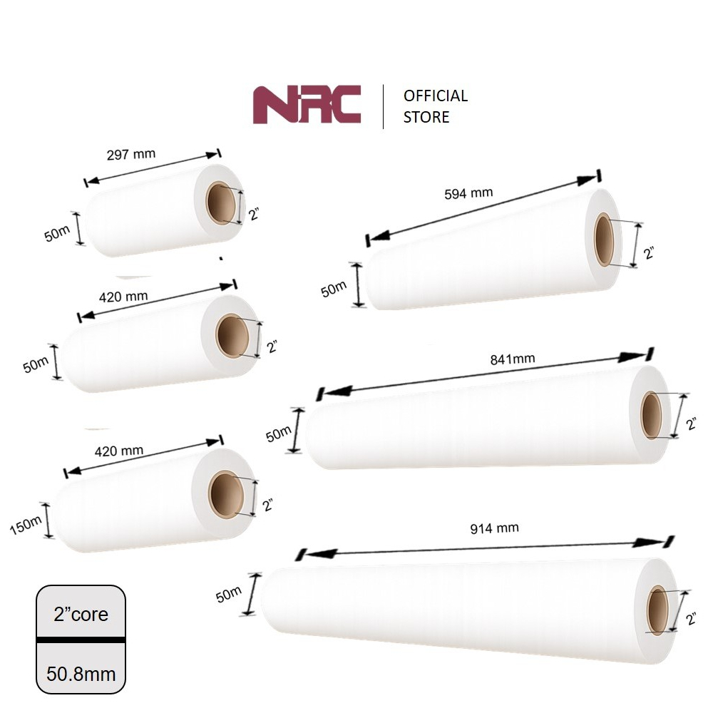 NERICO กระดาษพล็อตเตอร์ม้วนธรรมดา A3/A2/A1/A0/A0+ | 297 | 420 | 594 | 841 | 914 มม. - 50 เมตร | 80 แ