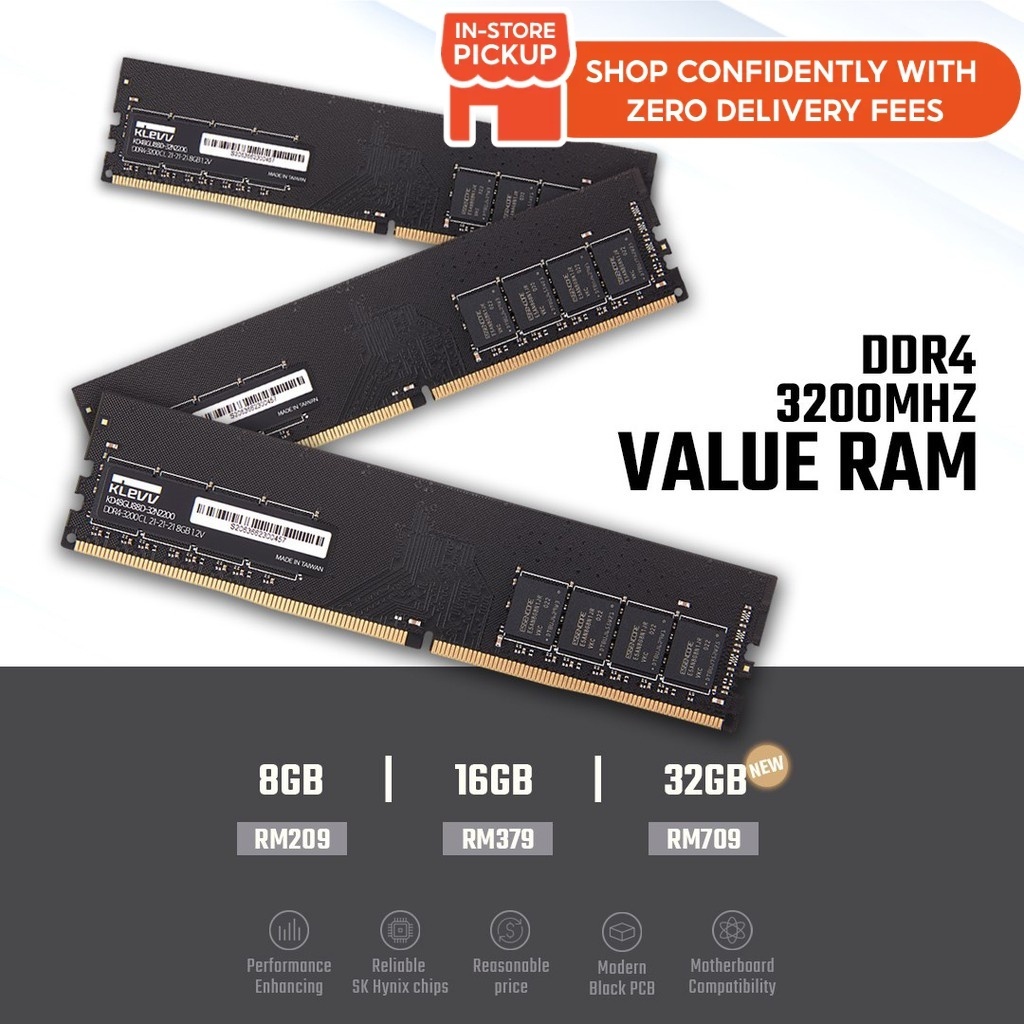 KLEVV Value Ram [2666MHz/3200MHz] DDR4 Single Memory Kit 8GB/16GB/32GB