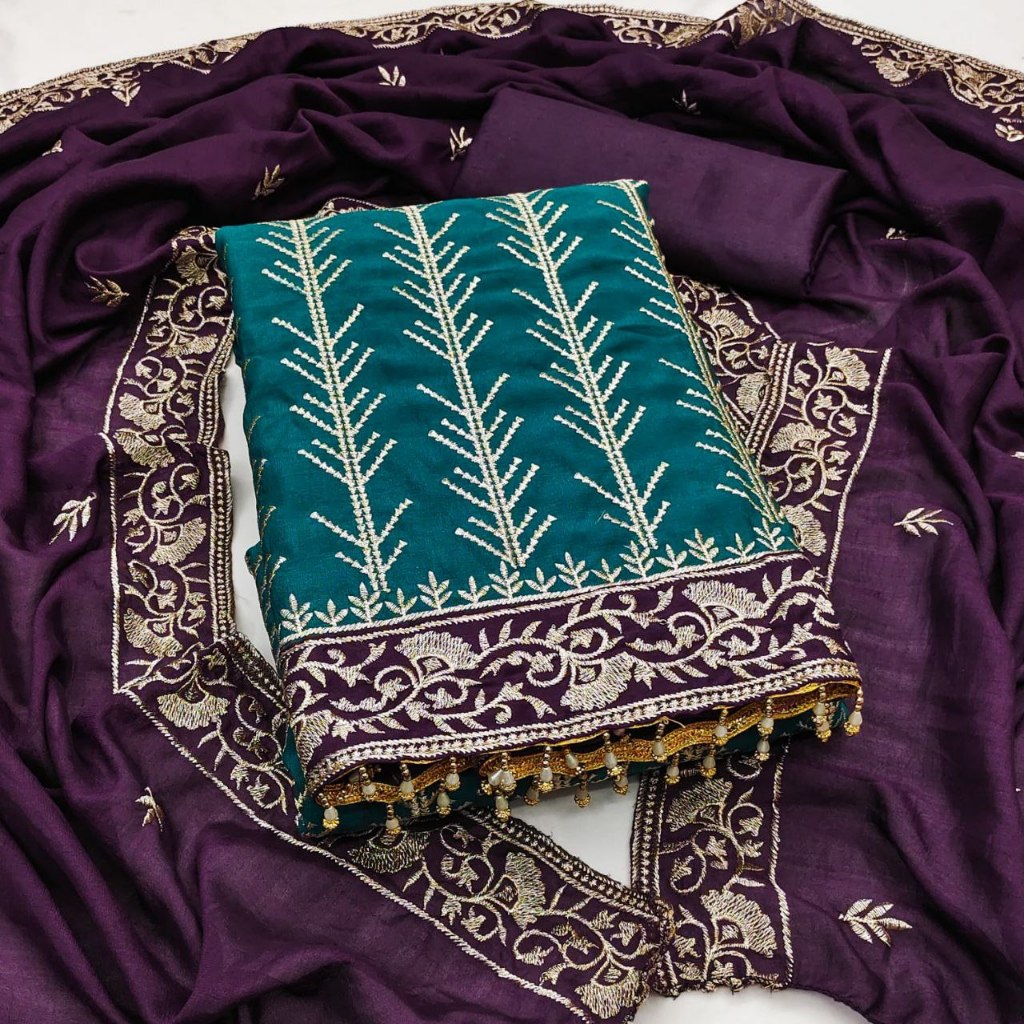 Unstitched Punjabi ชุดวัสดุ Vichitra ผ้าไหมเย็บปักถักร้อยทํางาน Kain Jahit Punjabi