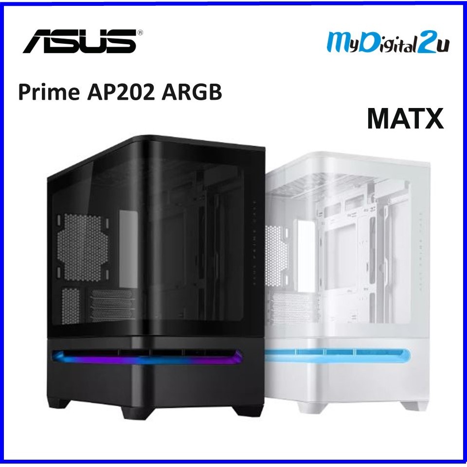 ASUS PRIME AP202 ARGB M-ATX พร้อมเคสพีซีตั้งโต๊ะกระจกนิรภัยแบบโค้ง (สีดํา/ขาว)