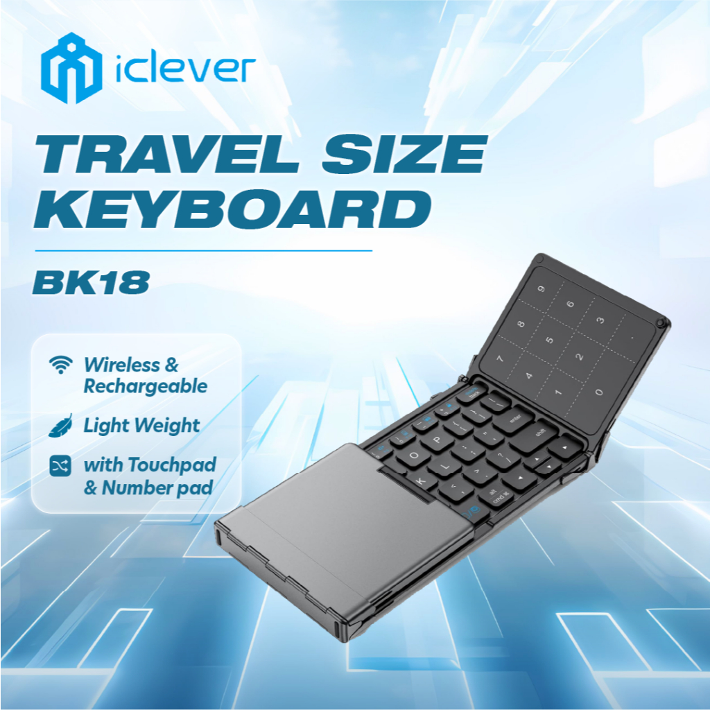 IClever BK18 คีย์บอร์ดแบบพับได้พร้อมทัชแพดและแผ่นรองหมายเลข คีย์บอร์ดแบบชาร์จบลูทูธ