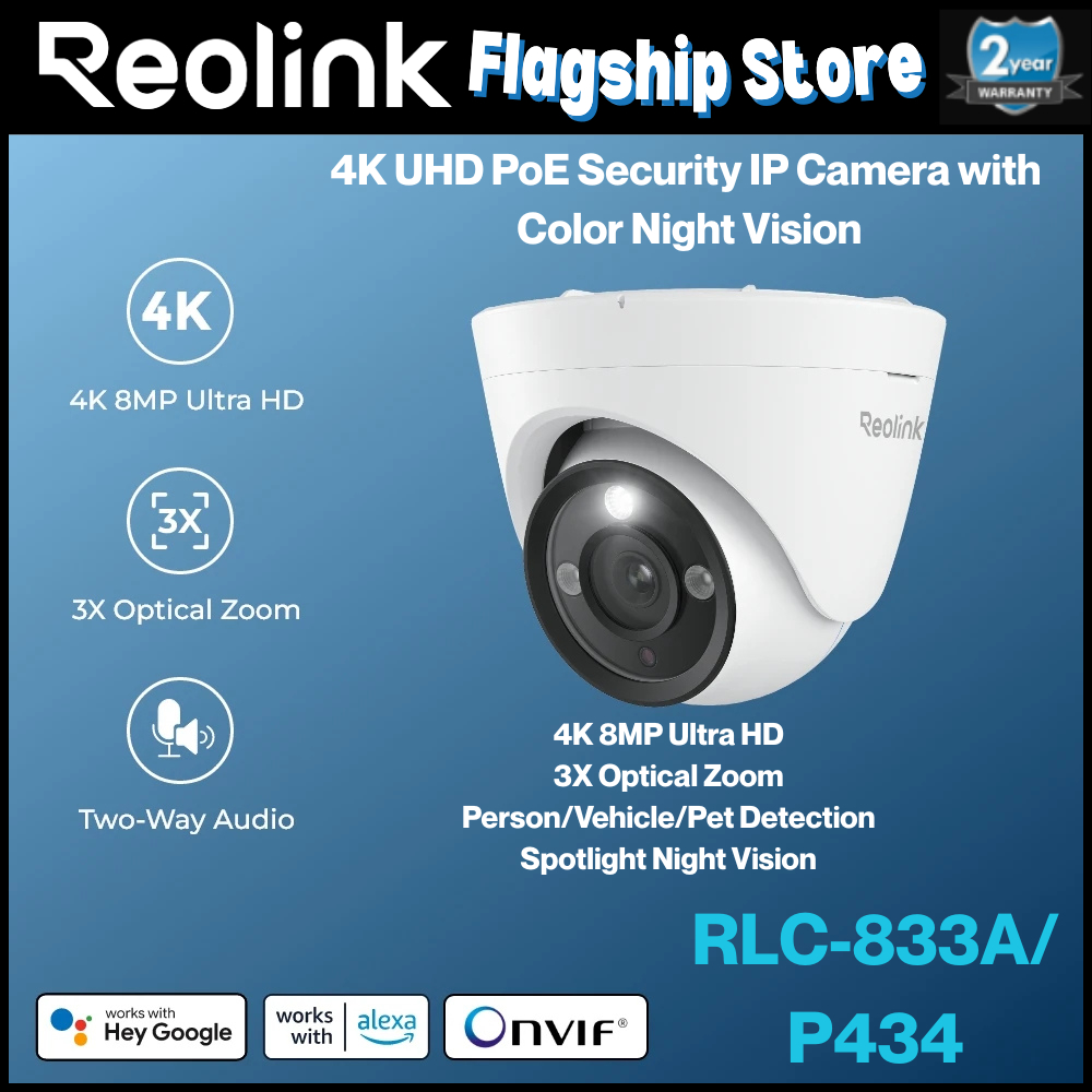 Reolink RLC-833A-3X P434 ระบบกลางแจ้งกล้องรักษาความปลอดภัย 4K, ซูมออปติคัล 3X, การมองเห็นได้ในเวลากล