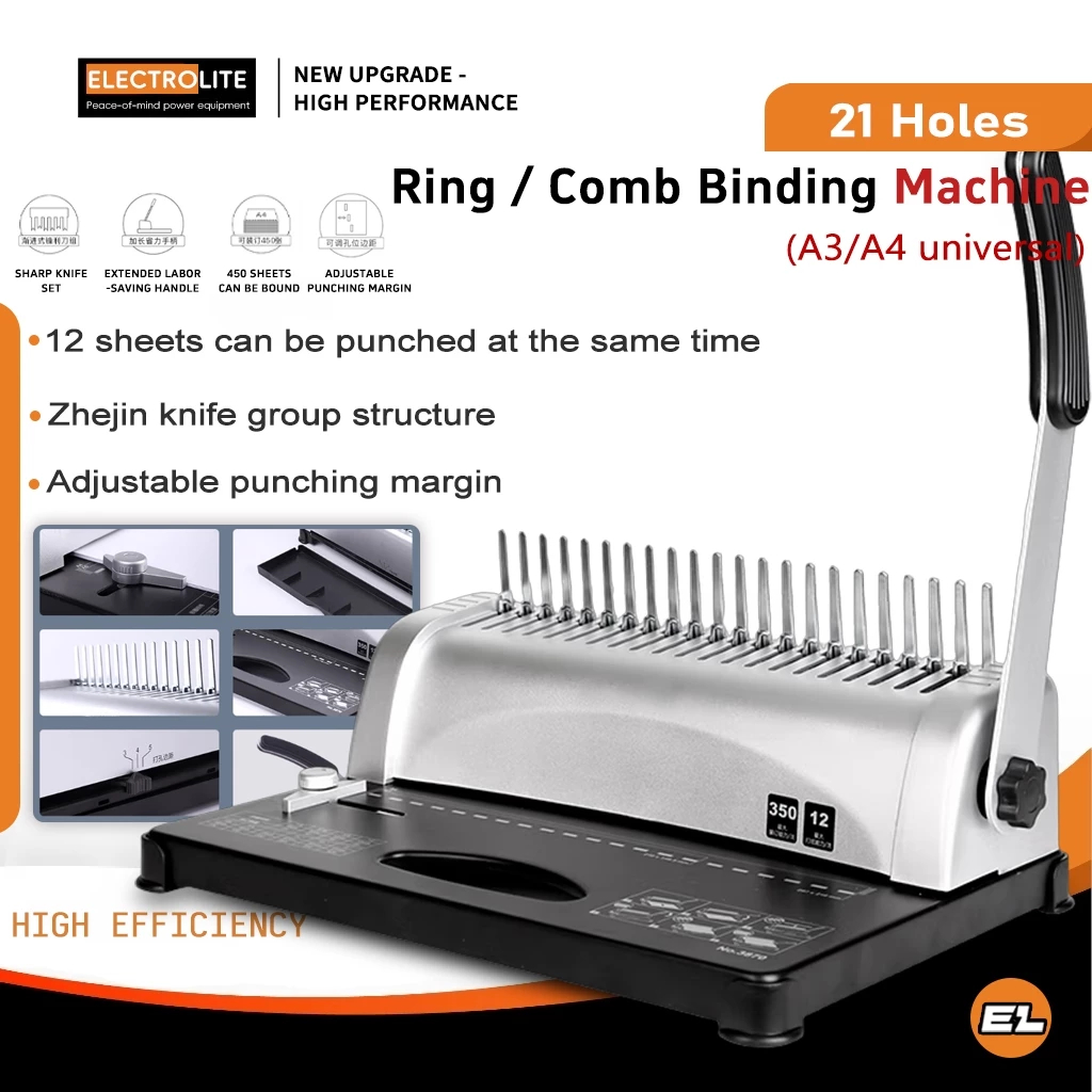 เครื่องเข้าเล่มหวี A3/A4 ขนาด 21Hole Office Ring Binding Machine Silver Heavy Duty Strong Cutter Bin