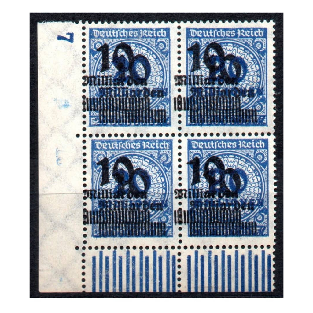G2536 Deutsches 1923 10 Milliarden On 20 Mark, Block/4 แผ่นลงนาม "L" • NFA Berlin •MNH OG ข้อผิดพลาด