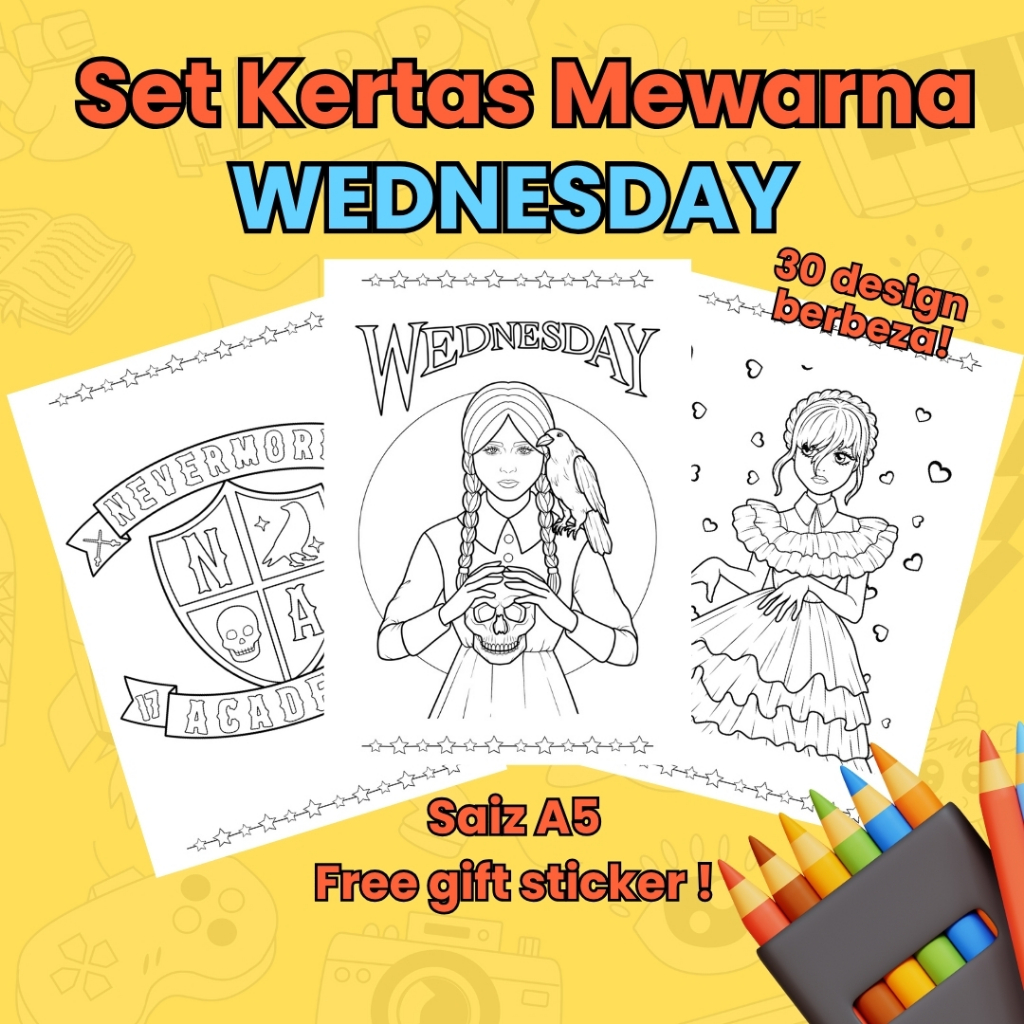 WEDNESDAY Coloring front A5 – ชุดกระดาษระบายสีสําหรับเด็ก 30 แผ่น