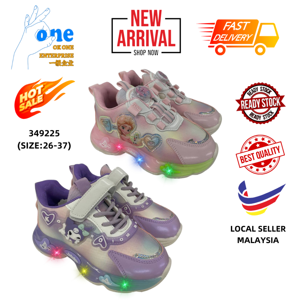 KIDS FASHION GIRL SNEAKER 3-10 YRS OLD KUROMI/BARBIE CATOON ไฟ LED KASUT SPORT KANAK PEREMPUAN 34922