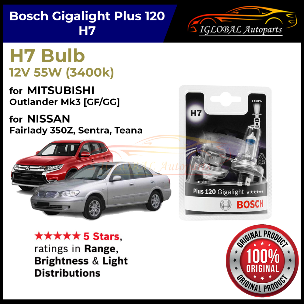 Bosch H7 Plus 120 Gigalight หลอดไฟหน้าสําหรับ Mitsubishi Outlander Mk3 / Nissan Fairlady 350Z, Sentr