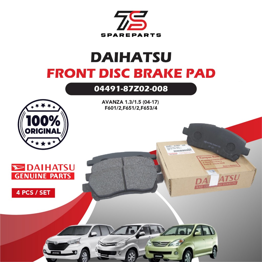 ผ้าเบรคหน้า Daihatsu 04491-87Z02-008 (บรรจุภัณฑ์ Daihatsu) Avanza F601/2,F651/2,F653/4 Avanza (4 ชิ้