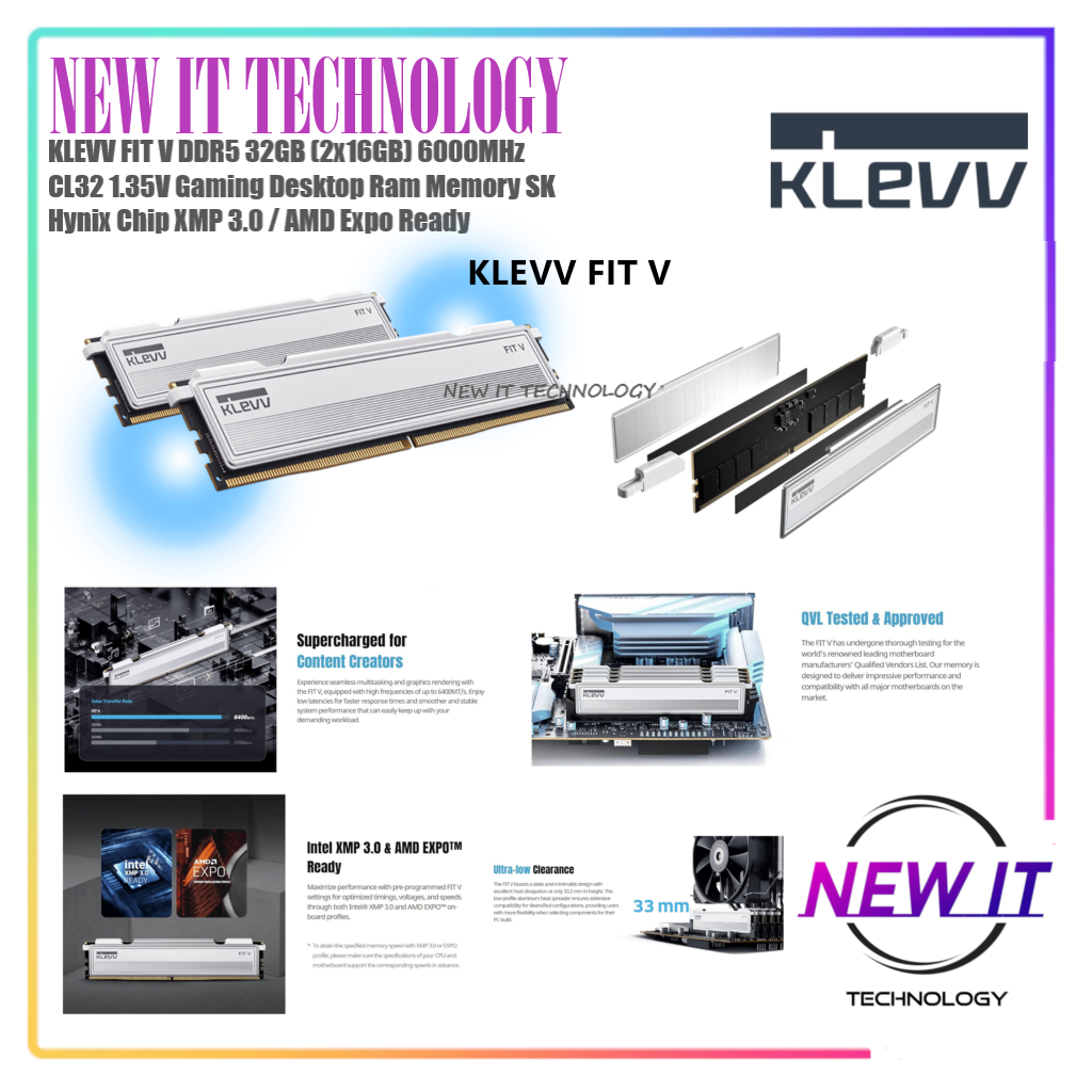 KLEVV FIT V DDR5 32GB (2x16GB) 6000MHz CL28 & CL30 & CL32 1.35V Gaming Desktop Ram Memory SK Hynix C
