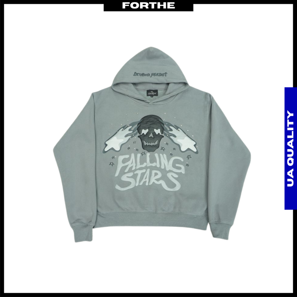 BROKEN PLANET Falling Stars Hoodie ขนาดใหญ่สีเทา Streetwear Broken Planet Hoodie