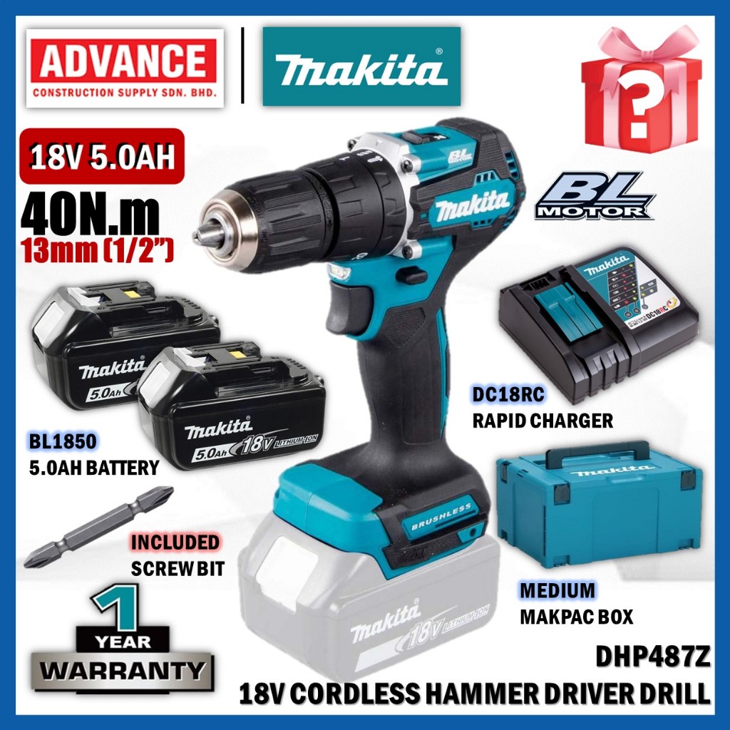 MAKITA DHP487Z / DHP487RAJ / DHP487RFJ 18V สว่านไดร์เวอร์ค้อนไร้สาย 13MM (1/2")