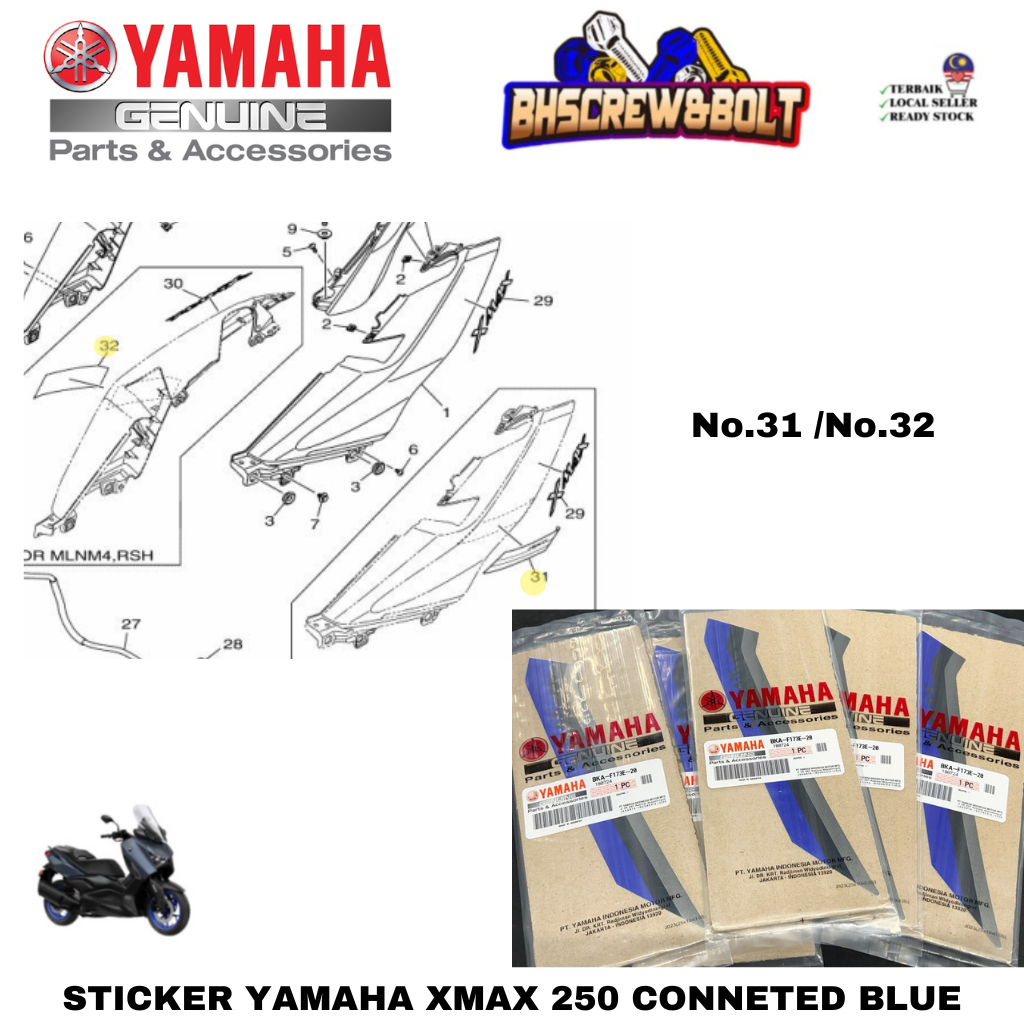 สติ๊กเกอร์ Yamaha Xmax Conneted/ Xmax V2 สติ๊กเกอร์ Blue Colorna Biru ข้างซ้าย BKA-F473E-20 100% Yam