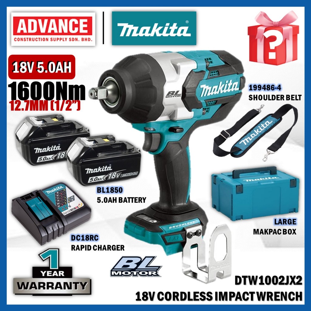 MAKITA DTW1002ZX2 / DTW1002JX2 / DTW1002JX3 / DTW1002JX4 18V ประแจผลกระทบไร้สาย 12.7MM (1/2")
