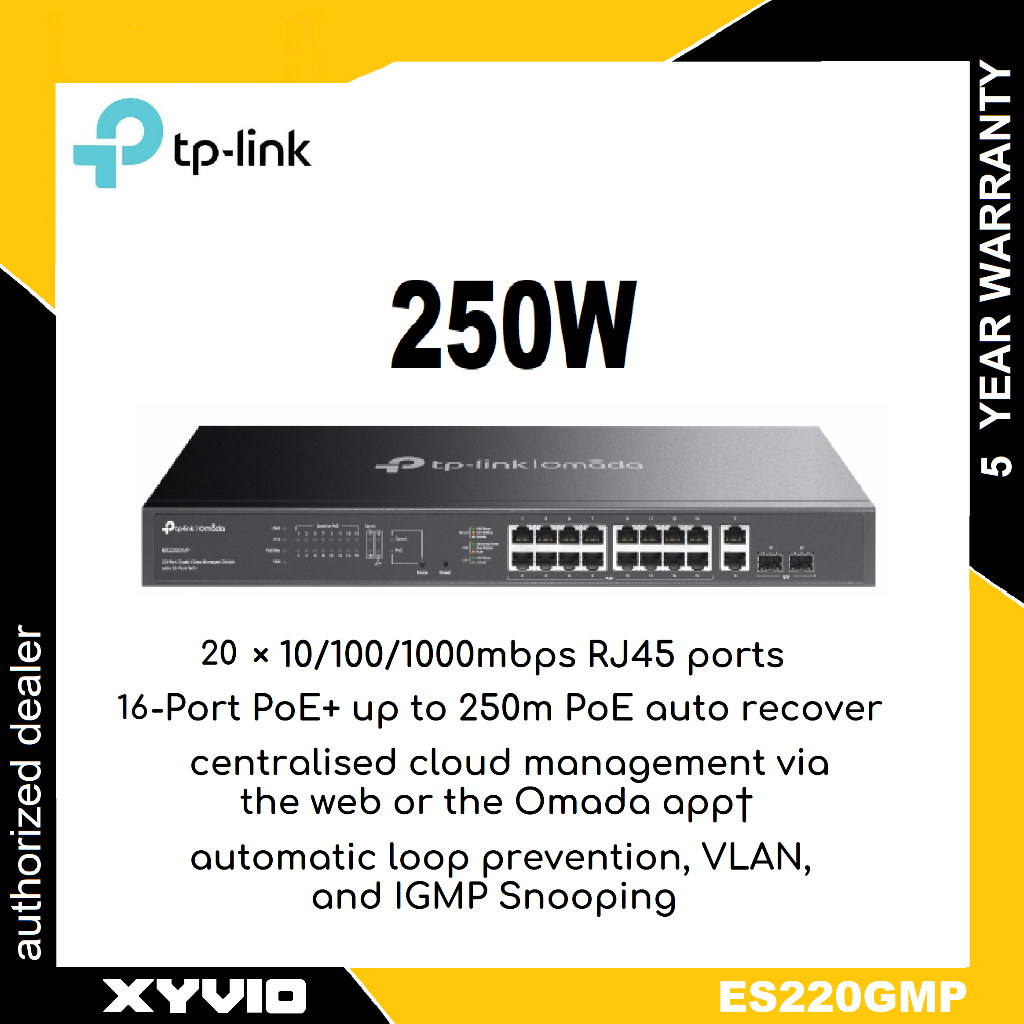 TP-LINK ES220GMP Omada 20-Port Gigabit Easy Managed Switch พร้อมเราเตอร์ PoE+ 16-Port