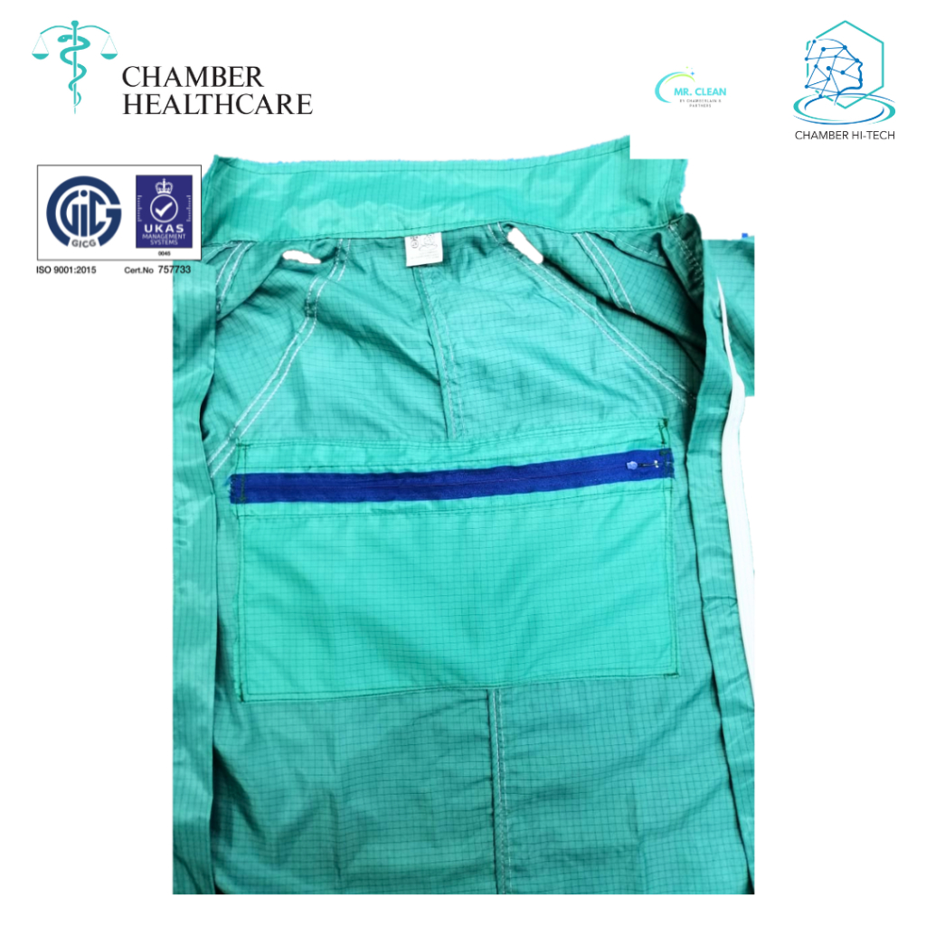 Chamber ESD Cleanroom Smock แบบแนบกระเป๋าพับได้ [สี: สีเขียวเข้ม; คอปก: สไตล์ปีก]