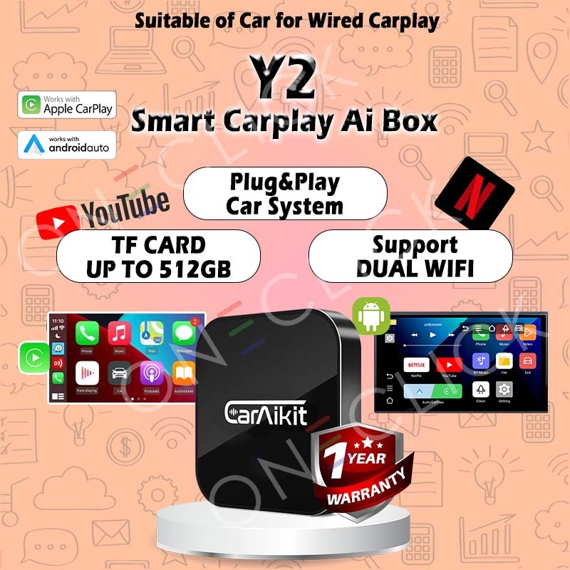 Y2 Carplay Ai Box รถวิดีโอสมาร์ท Ai Box สําหรับไร้สาย CarPlay Android อะแดปเตอร์อัตโนมัติกล่องสมาร์ท