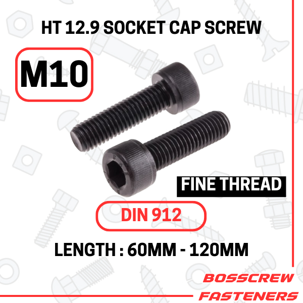 สีดํา - สกรูหัวจมหกเหลี่ยมเกรด HT 12.9 m10 x (60 มม. ~ 120 มม.) เกลียวละเอียด (มู่เล่ 1.25 มม.)